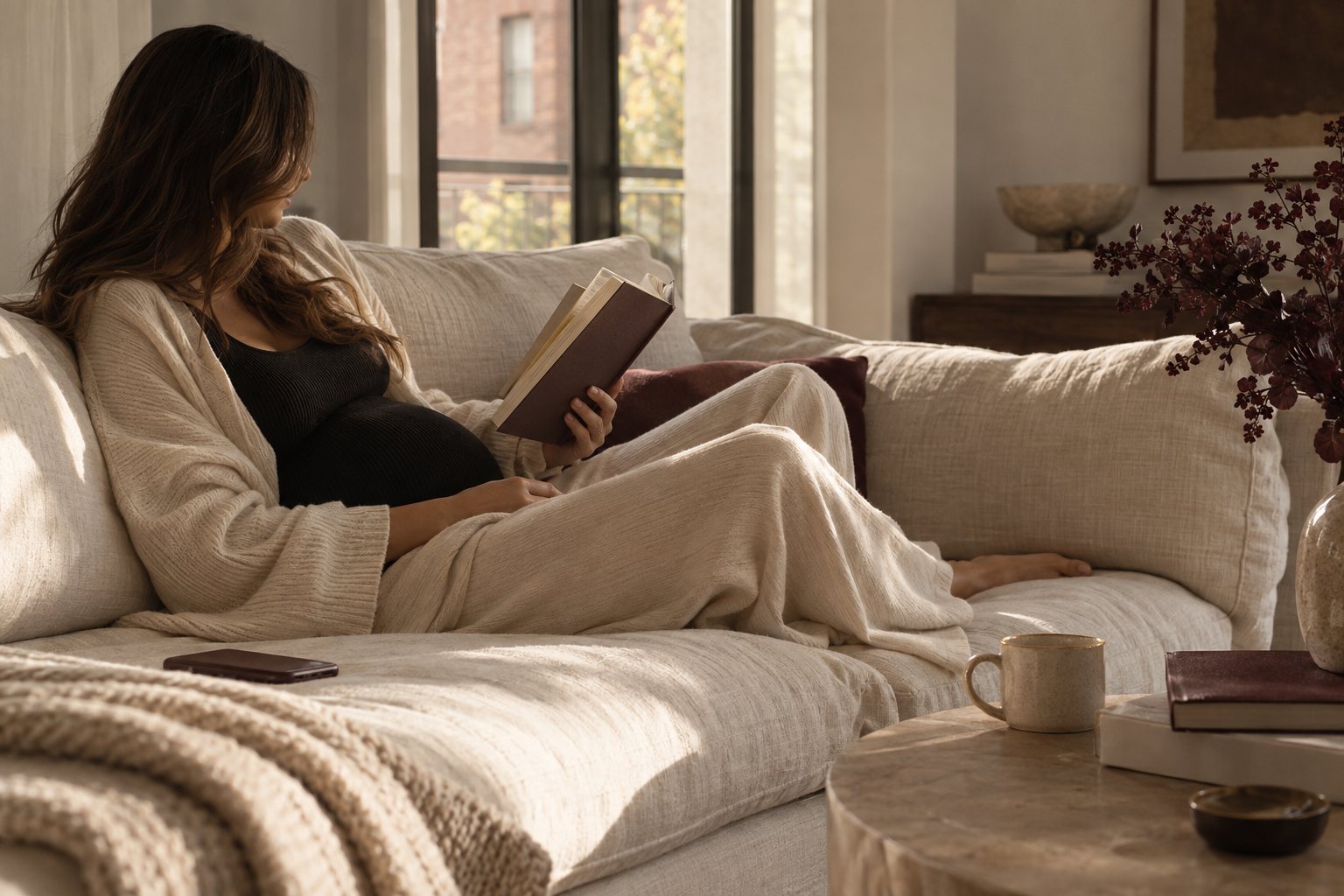 A pregnant woman reading a novel on a linen sofa in a sunlit city apartment, her phone face down beside her.