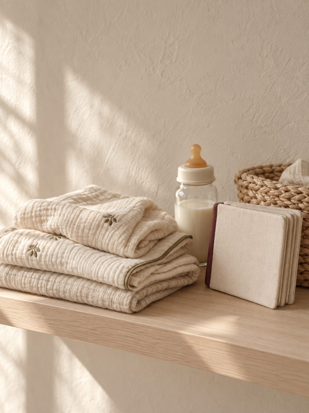 Folded muslins, a glass bottle and a linen book arranged on a pale wood shelf in a nursery.