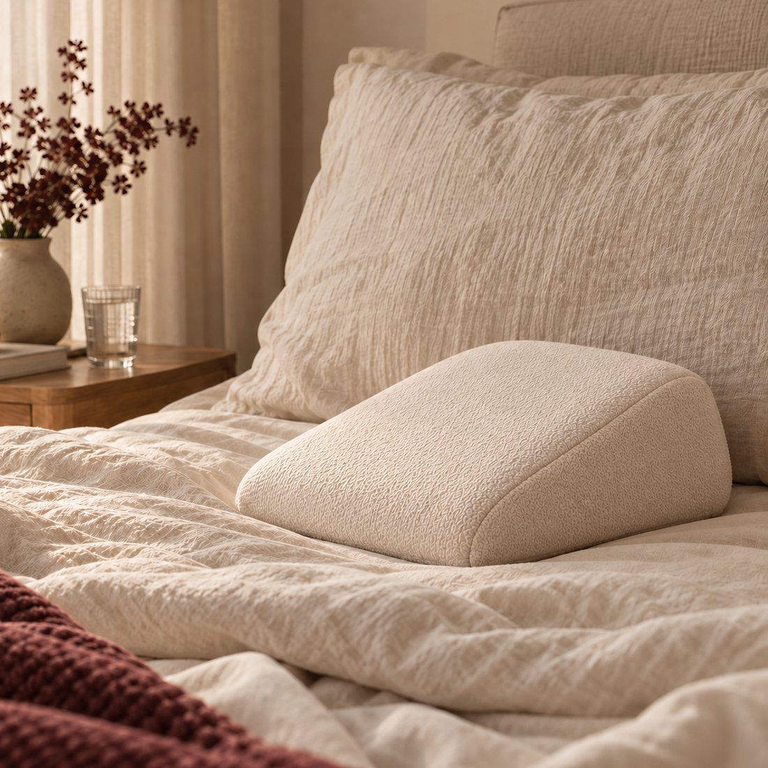 A cream pregnancy wedge pillow on a linen bed.