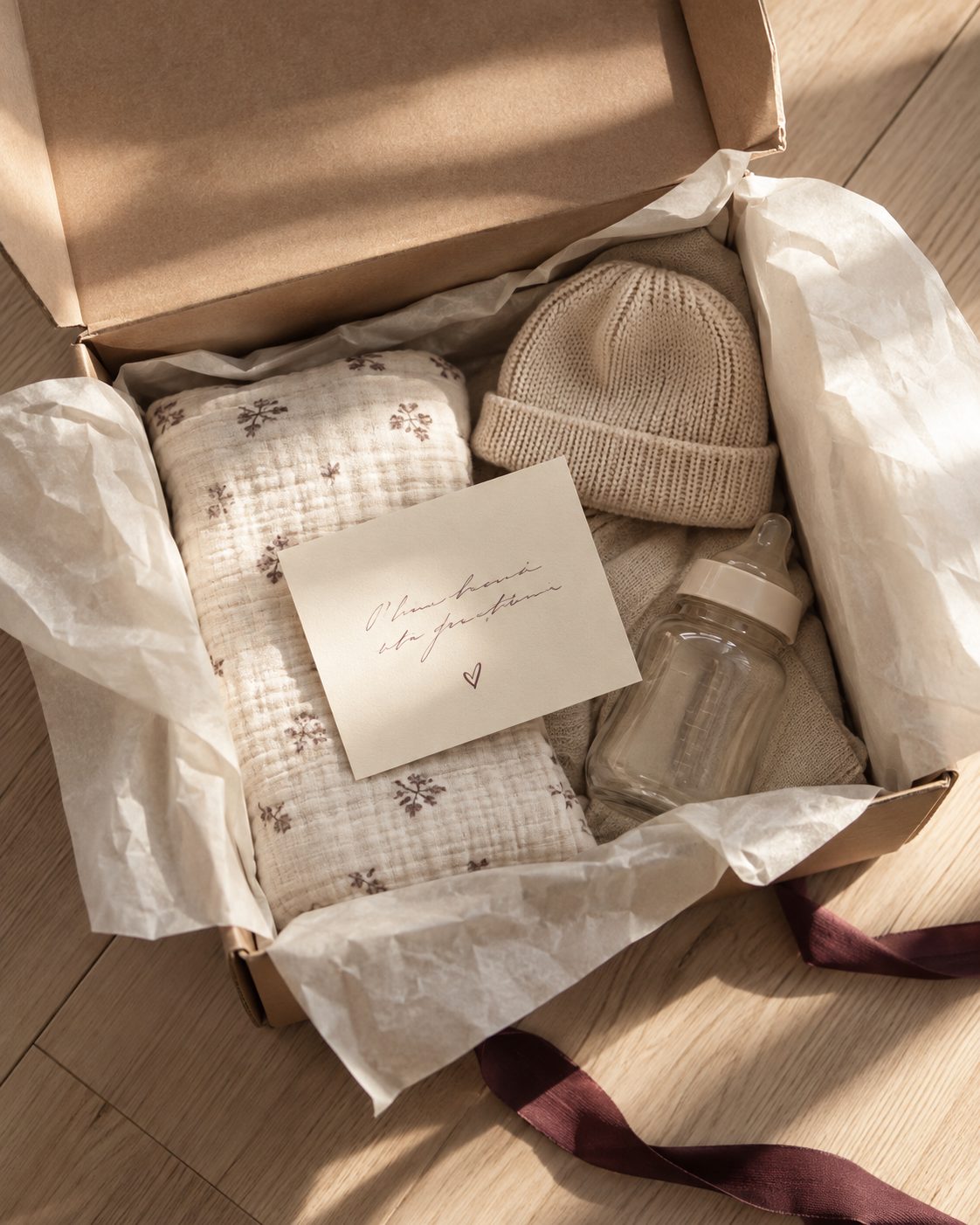 An opened delivery box with tissue paper, a muslin swaddle, a knit hat, a glass bottle and a handwritten card.