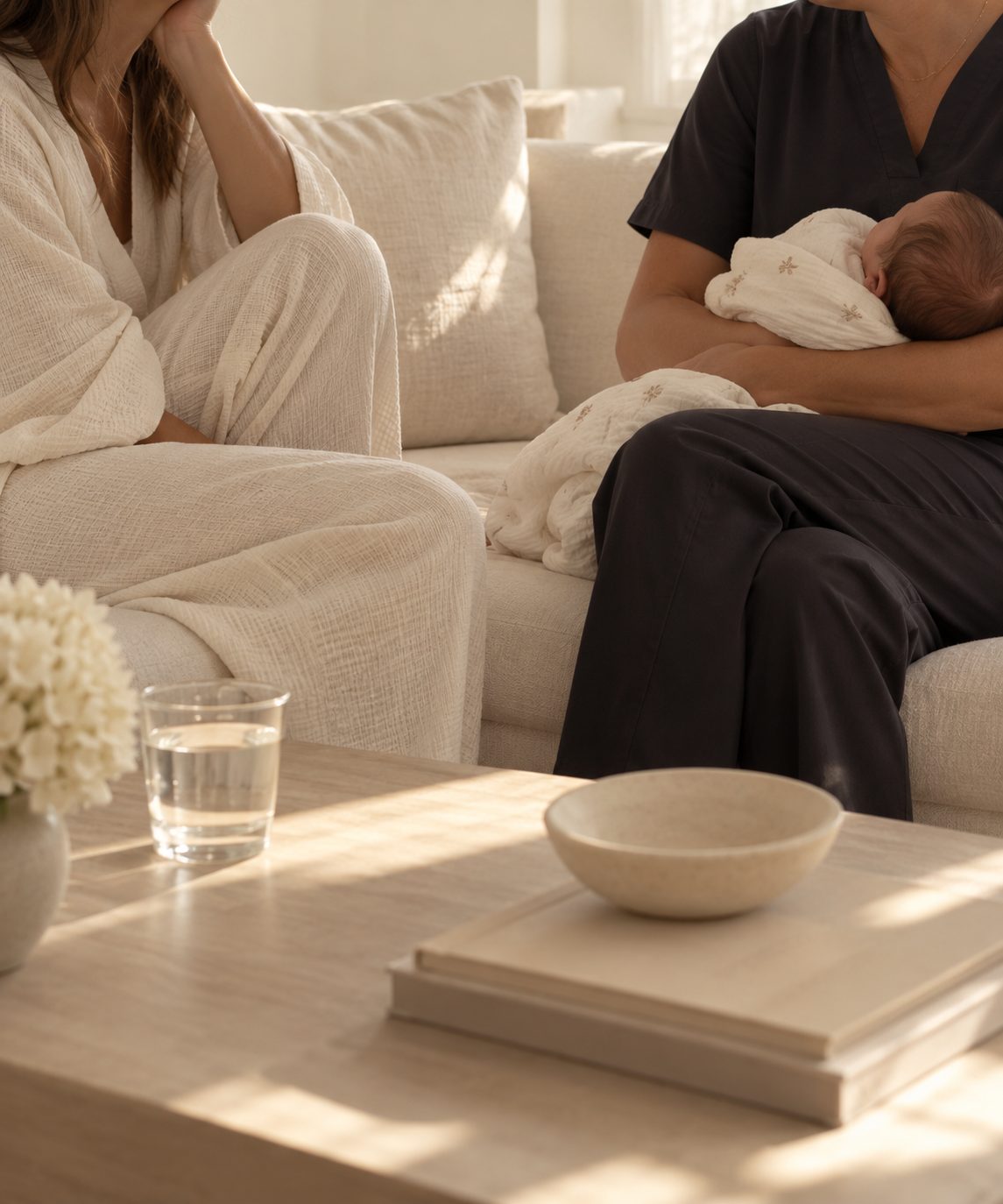 A new mother resting on the sofa while a baby nurse holds her sleeping newborn.